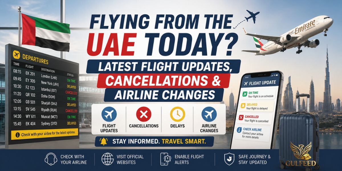 UAE flight updates showing delays, cancellations, and airline schedule changes for departing passengers.