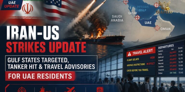 Iran-US Strikes Update: Gulf States Targeted, Tanker Hit & Travel Advisories for UAE Residents 5 Iran-US strikes, burning oil tanker, Gulf region map, missile launches, and travel advisories affecting UAE residents.