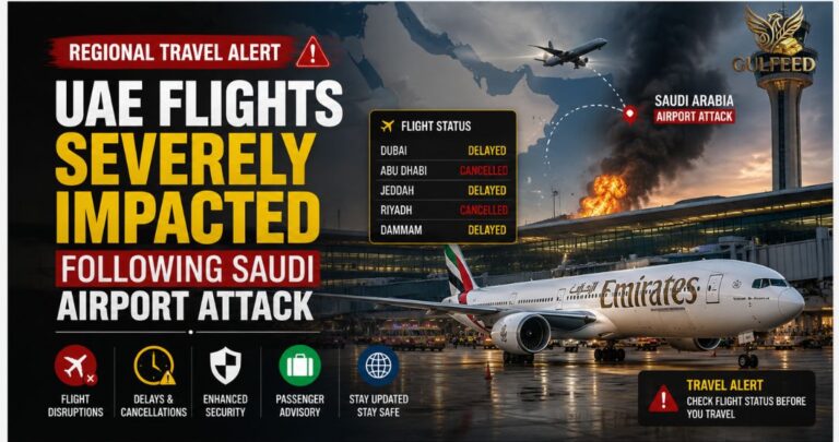 UAE Flights Severely Impacted Following Saudi Airport Attack | Regional Travel Alert 8 Infographic detailing UAE flights severely impacted following Saudi airport attack with Emirates aircraft on the tarmac